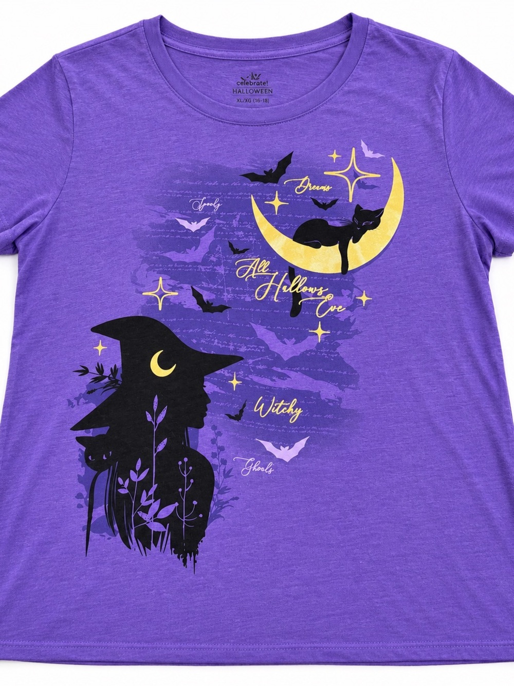 Way to Celebrate Halloween Witch Cat Moon Womens Graphic Tee XL 16-18 Whimsigoth